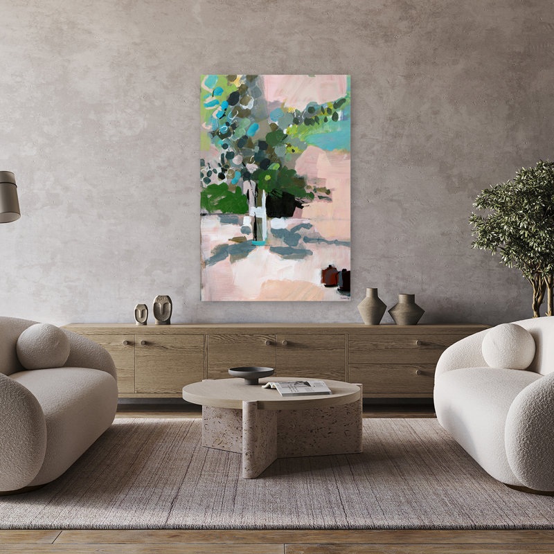 Eucalyptus et grenades no. 4 - Art contemporain floral et nature morte aux feuilles de fruits, H 48 po x l 32 po