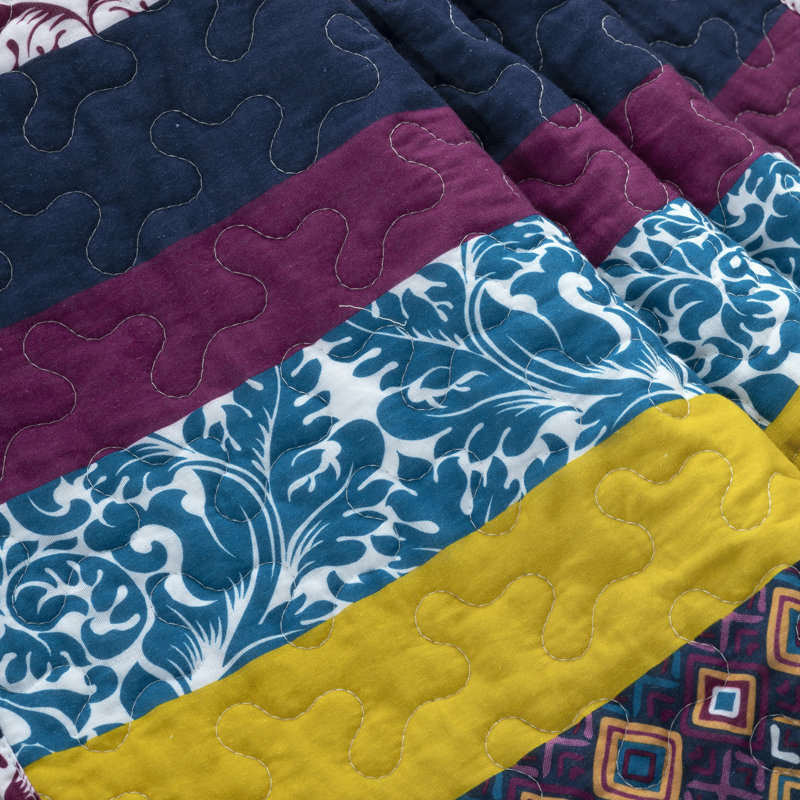 King Size Boho Stripe Reversible Cotton Quilt Set in Purple and Yellow