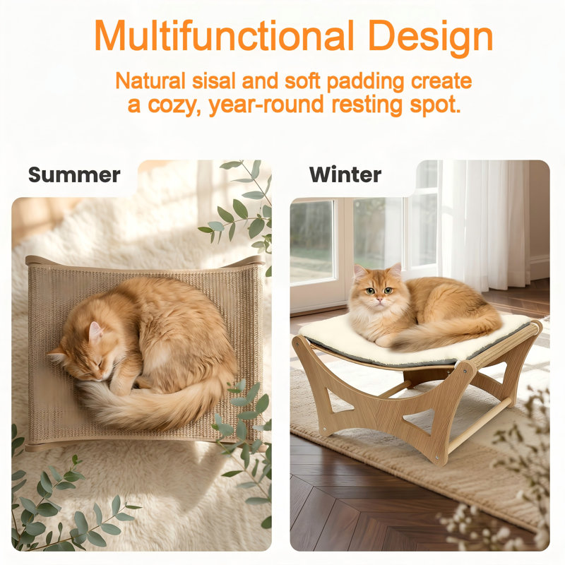 Lit surélevé en bois pour chat avec tapis à griffer en sisal naturel, coussin moelleux amovible, lit à griffer avec cadre en bois, L 22 po x l 17,7 po