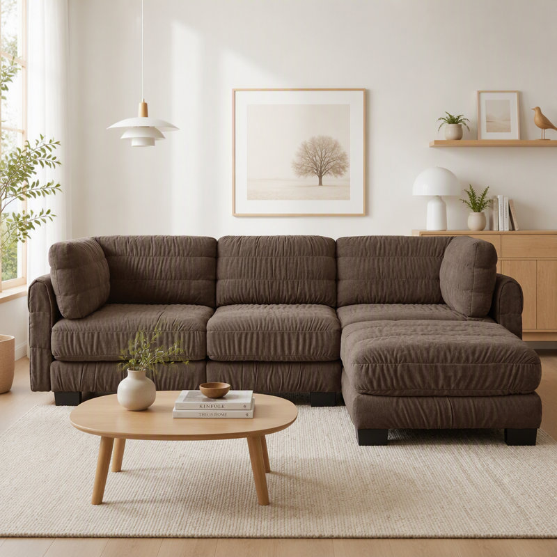 Canapé d'angle modulaire 3 places en chenille marron à détails froncés | Coussins de dossier épais en mousse haute densité | Pouf amovible | Montage facile | Parfait pour le salon et la chambre