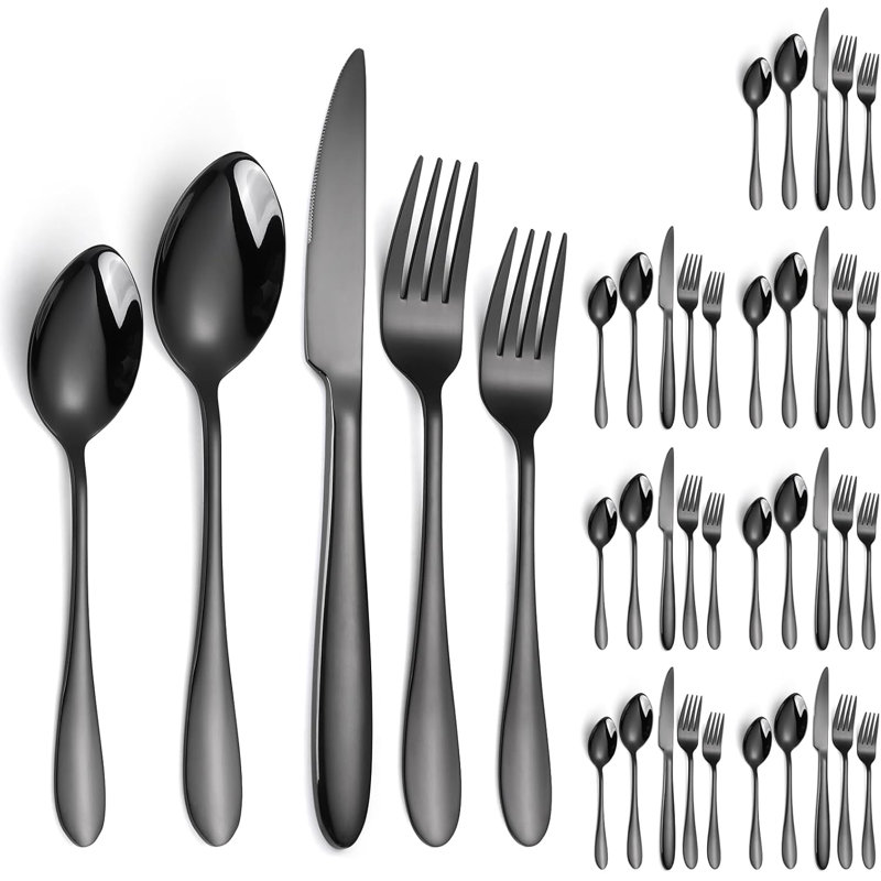 Ensemble de couverts 40 pièces en acier inoxydable pour 8 personnes, coutellerie noire robuste avec poignées épaisses, idéal pour les restaurants, les fêtes et la cuisine de tous les jours