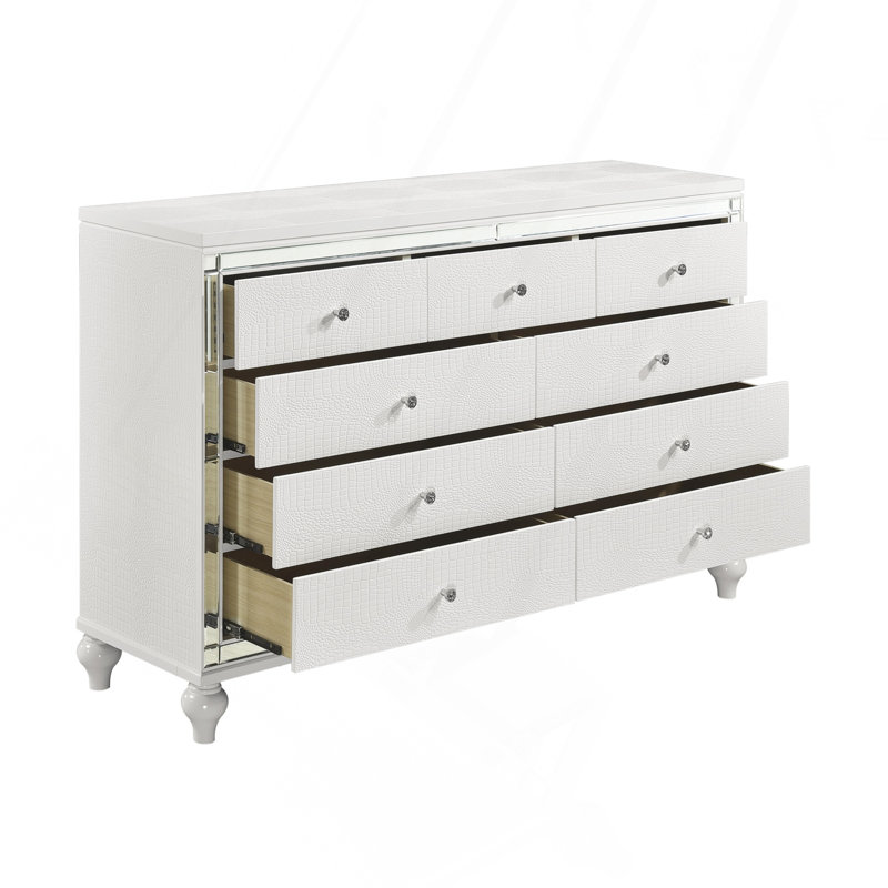 Commode glamour à finition blanche métallique avec 9 tiroirs en faux cristal