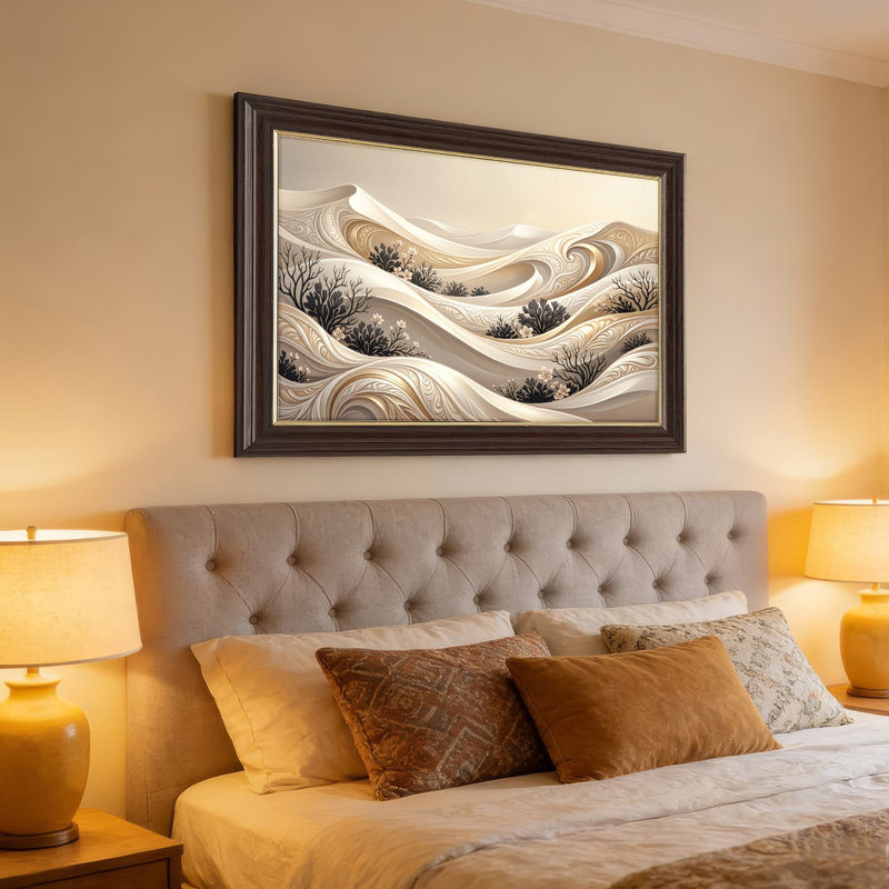 Art mural antique sur toile encadré doré pour le salon, la chambre à coucher, le bureau ou le vestibule - Décoration murale décorative avec paysage de vagues