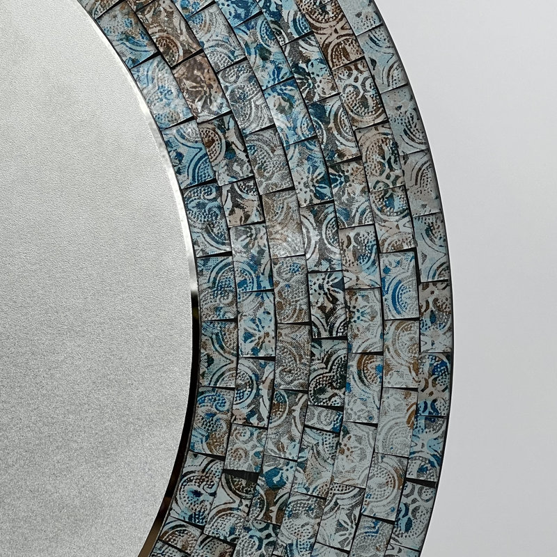 Darric Mosaic Mirror, Wall Art Décor – 24” Round Handcrafted Decorative Wall Mirror, Silver, Sharpie Blue, and Tan Mosaic Tiles with Embedded Imperial Design