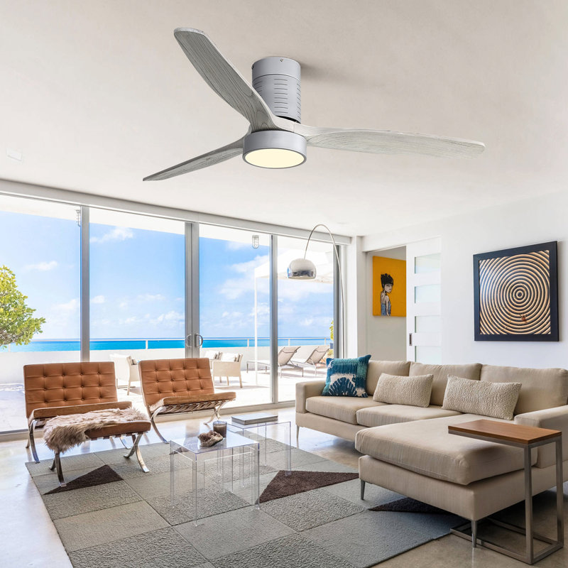 52 Inch Indoor Flush Mount Ceiling Fan With 3 Solid Wood Blades Remote Control Reversible DC Motor With Led Light