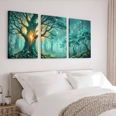 «Enchanted Forest Tree With Glowing Lights», reproduction d'art sur toile tendue sur toile, ensemble de 3, pour salon, chambre à coucher, décor à la maison