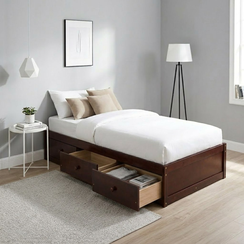 Lit plateforme simple avec rangement, Cerisier