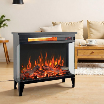 Afore 24 Inch Freestanding Electric Fireplace With 3-Sided Glass Realistic Flame Effects Remote Control & Heater