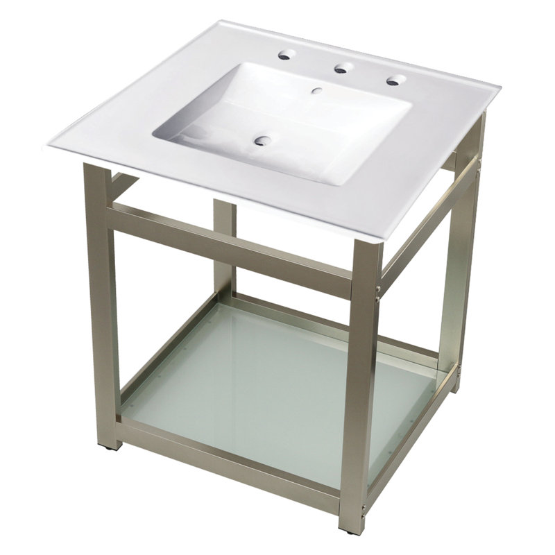 Lavabo de salle de bain rectangulaire en céramique avec trop-plein Quadras, Blanc / nickel brossé, Centres de 8 po