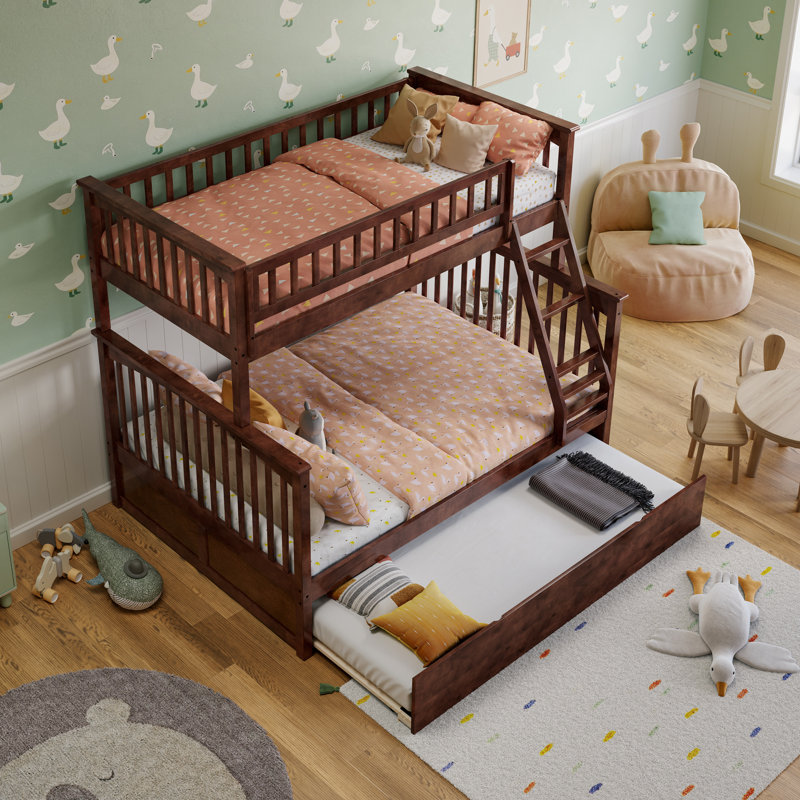 Blaisdell Solid Wood Standard Ladder Bunk Bed with Roll Out Trundle, Walnut, Twin over Full