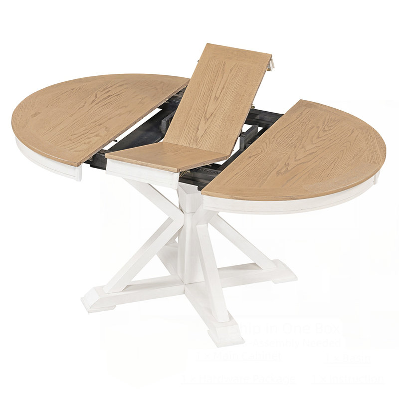 Retro Functional Extendable Dining Table With A 12" Leaf For Dining Room And Living Room, Natural Wood/Off White