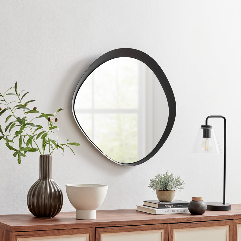 Crotts 24-inch Contemporary Asymmetrical Round Wall Mirror with Raised Black Iron Frame