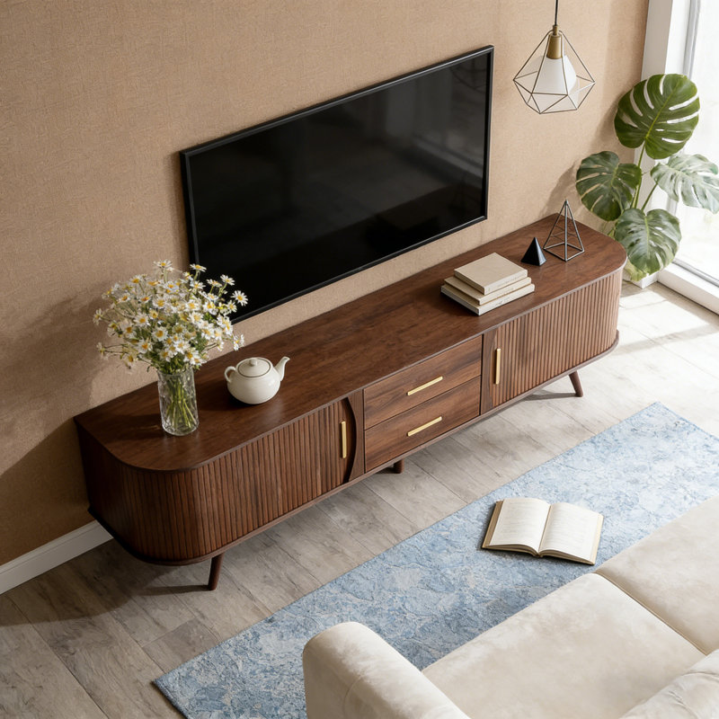 Walnut Finish Mid-Century Modern TV Stand With Fluted Doors, Curved Entertainment Centre With 2 Drawers, Storage Cabinets & Gold Handles, TV Console Table For Living Room Bedroom Home Furniture