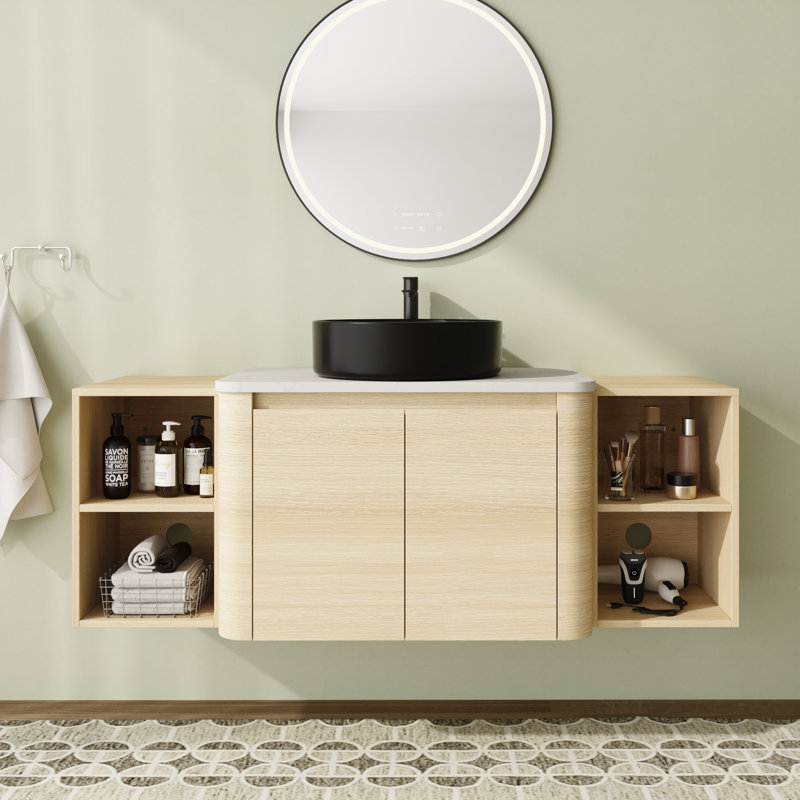 Meuble-lavabo simple mural 54 po avec plateau en pierre reconstituée et portes à fermeture en douceur 54 po