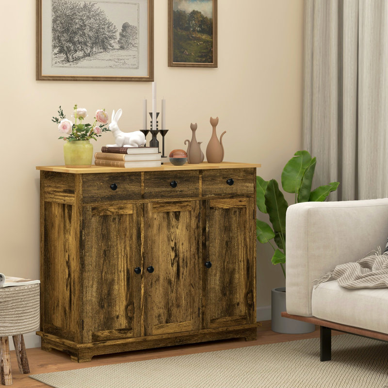 Buffet rustique brun - Buffet avec 3 tiroirs et tablettes réglables pour le rangement de la cuisine moderne