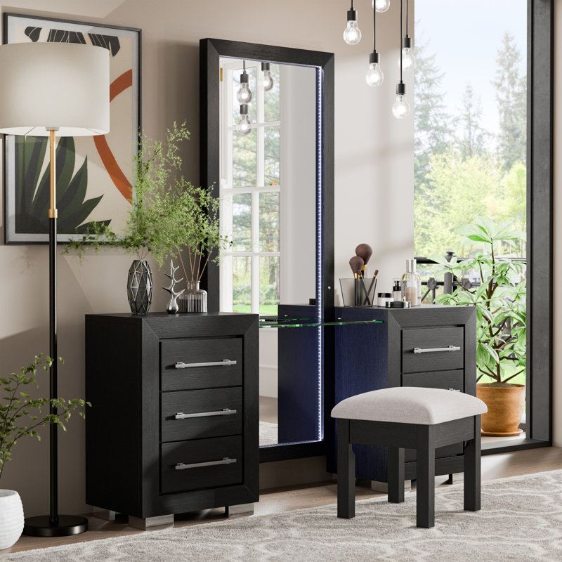 Ensemble de meuble-lavabo avec miroir réglable à DEL et tabouret de rangement caché Bellête Didmarton