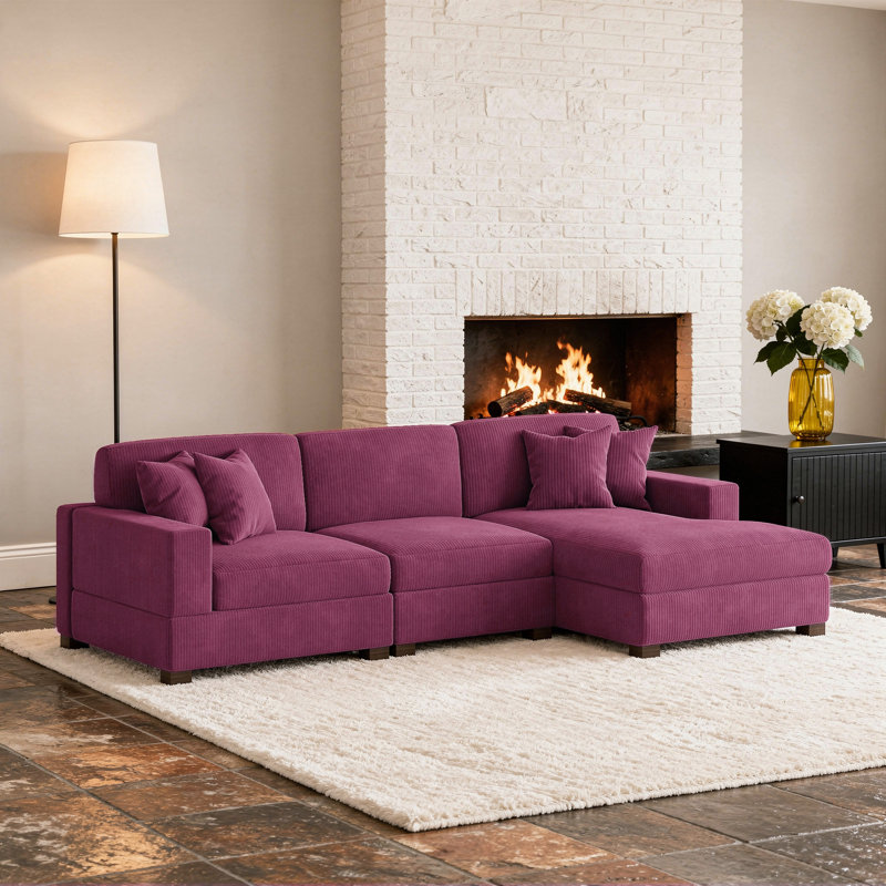 Canapé modulaire rembourré 3 pièces en velours côtelé, Orienté à droite, Velours côtelé violet