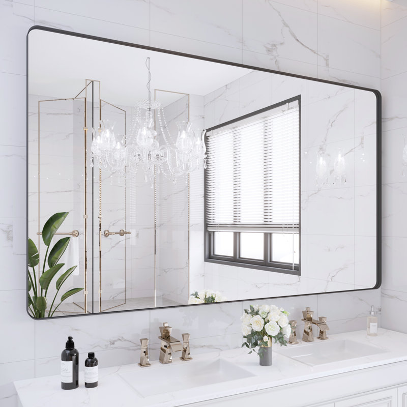 Miroir de salle de bain mural et d'angle Lesamuel, 36 po x 59 po, Noir, Rectangulaire