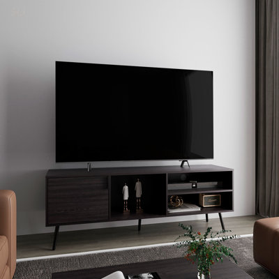 Modern TV Stand With 1 Door And 3 Shelves, Durable Engineered Wood For Organized Living Room Storage.