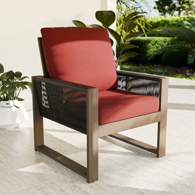 Outdoor Patio Cedar Wood Brown Round Wicker Lounge Chair with Olefin Thick Cushions