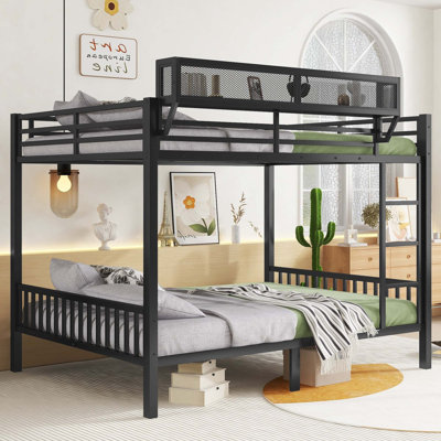 Queen Over Queen Metal Bunk Bed with Ladder and Storage Shelf, Ideal for Adults and Teens, Ensuring Comfort and Space Efficiency