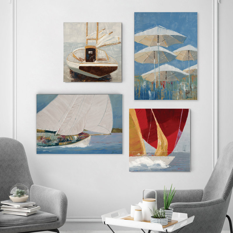 « contemporain voilier », ensemble de 4 reproductions d’art sur toile, H 18 po x l 48 po x P 1 po