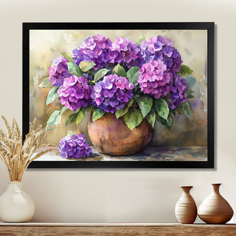 Hydrangées dans un vase rustique - hydrangées, art sur toile, Reproduction encadrée d'une seule photo, H 34 po x l 44 po