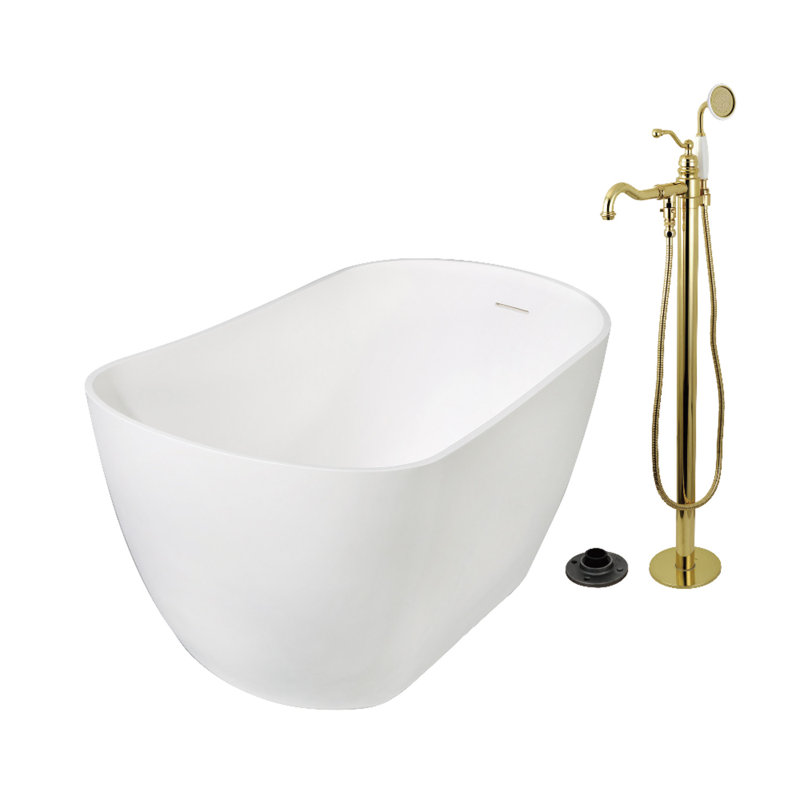 Kingston Arcticstone 51-Inch Solid Surface Oval Single Slipper Freestanding Tub With Faucet Combo And Drain, Polished Brass