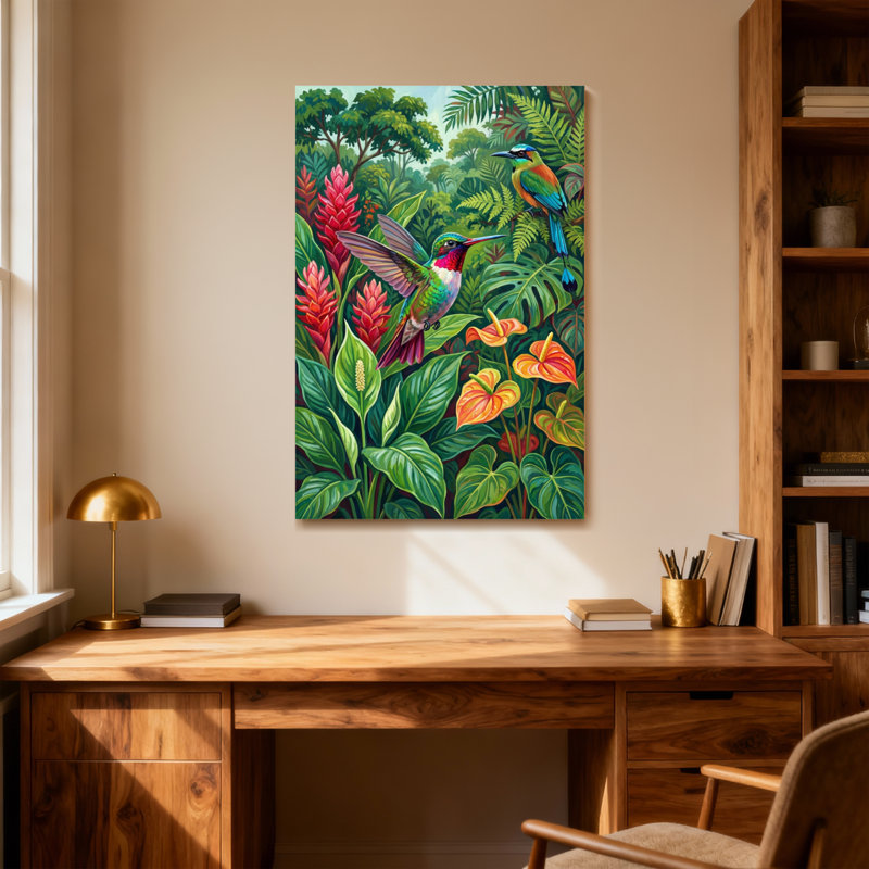 Animaux, oiseaux tropicaux et scène de fleurs vibrantes, H 32 po x l 48 po