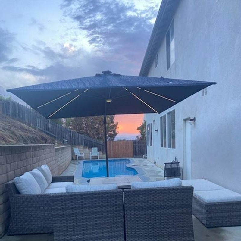 10' Square Lighted Cantilever Swivel Umbrella with Solar Powered LED Swivel and Base, Navy Blue