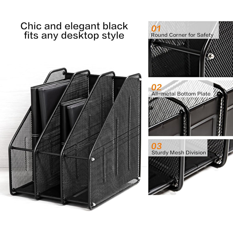 Mesh Magazine File Holder, Desk Organizer File Folder Document Rack For Office Organization And Storage, 3 Vertical Compartments, Black