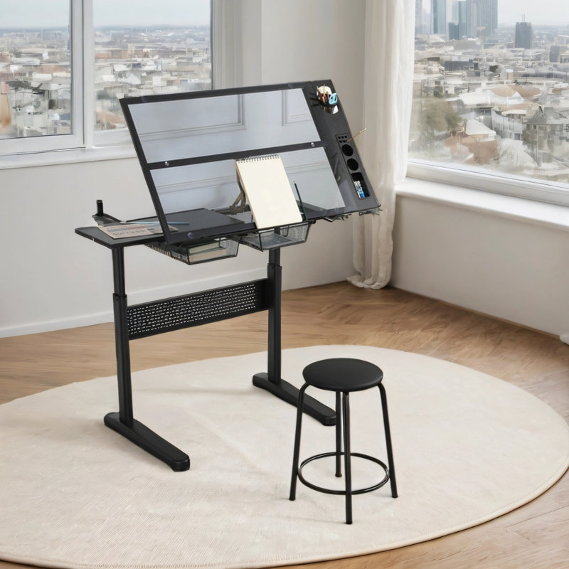Bureau de table à dessin réglable noir avec manivelle et 2 tiroirs en métal, Noir