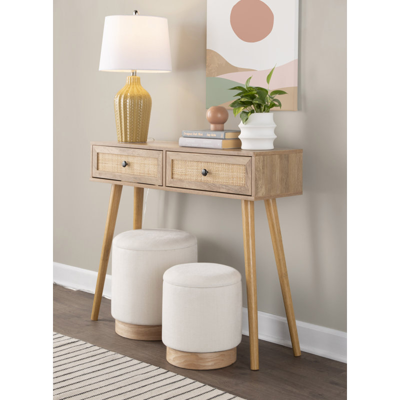  Ensemble de repose-pieds Callum avec base en bois naturel, Mélange de polyester crème