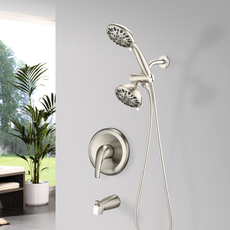 High Tub Spout Shower System - Dual 2 In 1 Faucet With Valve. 7 Spray Patterns For Comfortable Shower. . Metal Structure. 1.8 Gpm. 59" Hose. 1/2" Connection Wall Mounted Faucet. Modes Head & Hand
