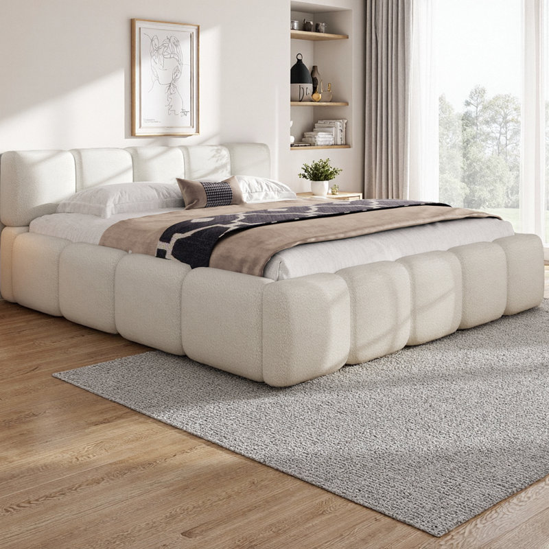Structure de lit tapissier Cocoon, tête de lit et pied de lit en tissu Boucle, conception de base en forme de bloc, aucun sommier nécessaire, centre de chambre moderne (blanc)