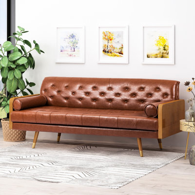 Style Mid-Century moderne en brun, matériau en polyuréthane, avec traversins, l 71,84 po x P 30,5 po, H 33,07 po, rangement brun à surpiqûres de diamants, revêtement, gaufres roulées