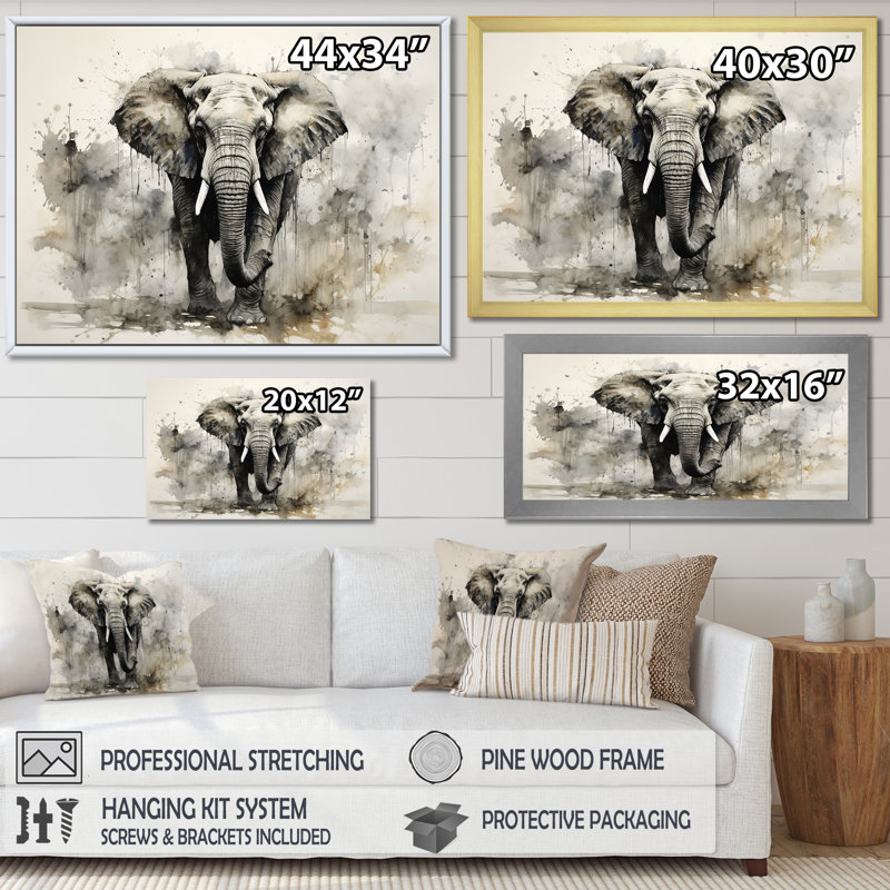 Elegant Elephant In Motion - Elephant, reproduction sur toile encadrée, H 30 po x l 40 po x P 1,5 po, Cadre doré simple