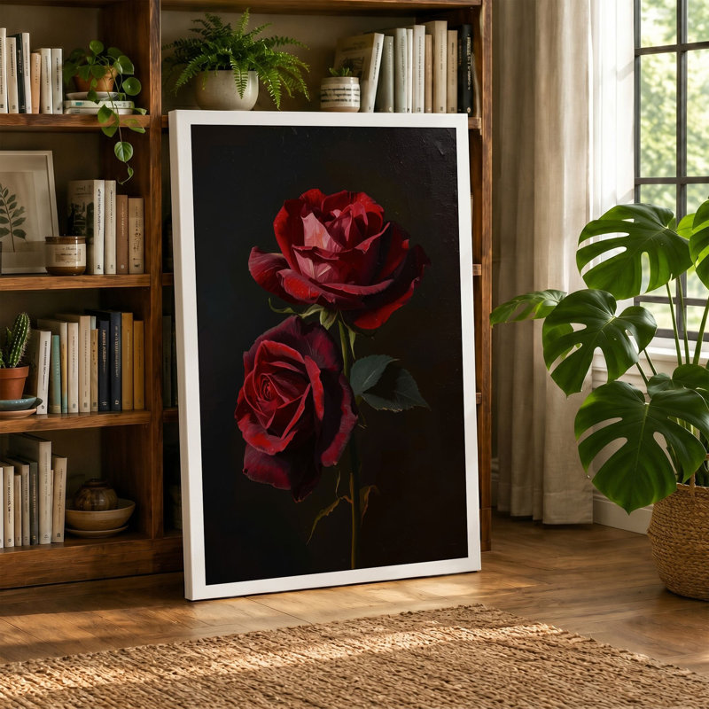 Deep Crimson Roses Botanical - Wrapped Canvas, 36x24 - 91.4 x 61.0 cm, Teal Border