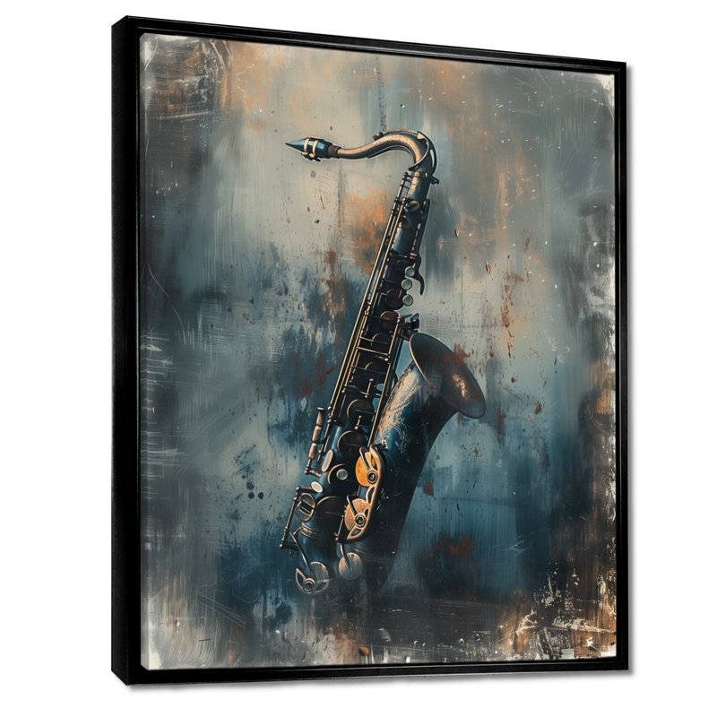 Gris saxophone Sizzle Portrait - musique Jazz Wall Art salon, Cadre flottant noir, H 44 po x l 34 po