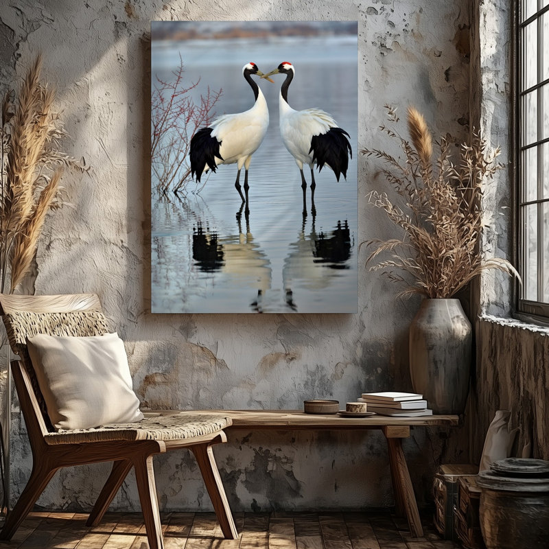 Toile, scène d'hiver sereine avec deux grues élégantes debout gracieusement, art mural en eau peu profonde, reflets sur toile