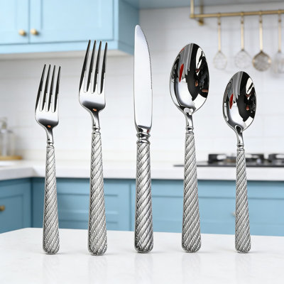 Ensemble de couverts 20 pièces en acier inoxydable 304 professionnel avec poignée en relief, cuillères et fourchettes à dessert de qualité restaurant