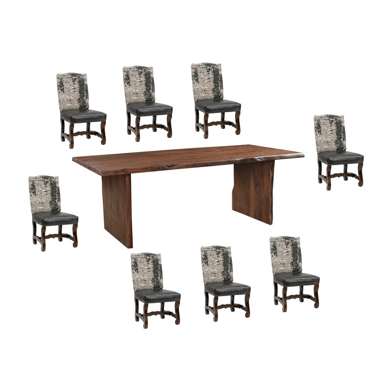9-Piece Live Edge Solid Wood Dining Set, Brown, Gray/Black