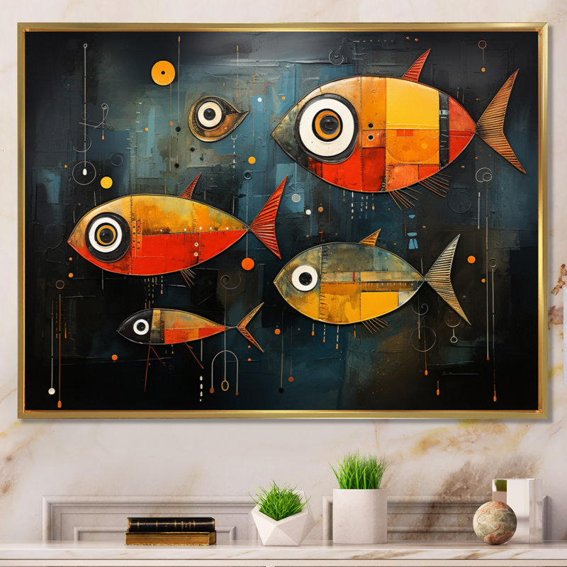 " Minimalism Fish Collages III ", Gold Floater Framed, 12" H x 20" W x 1" D