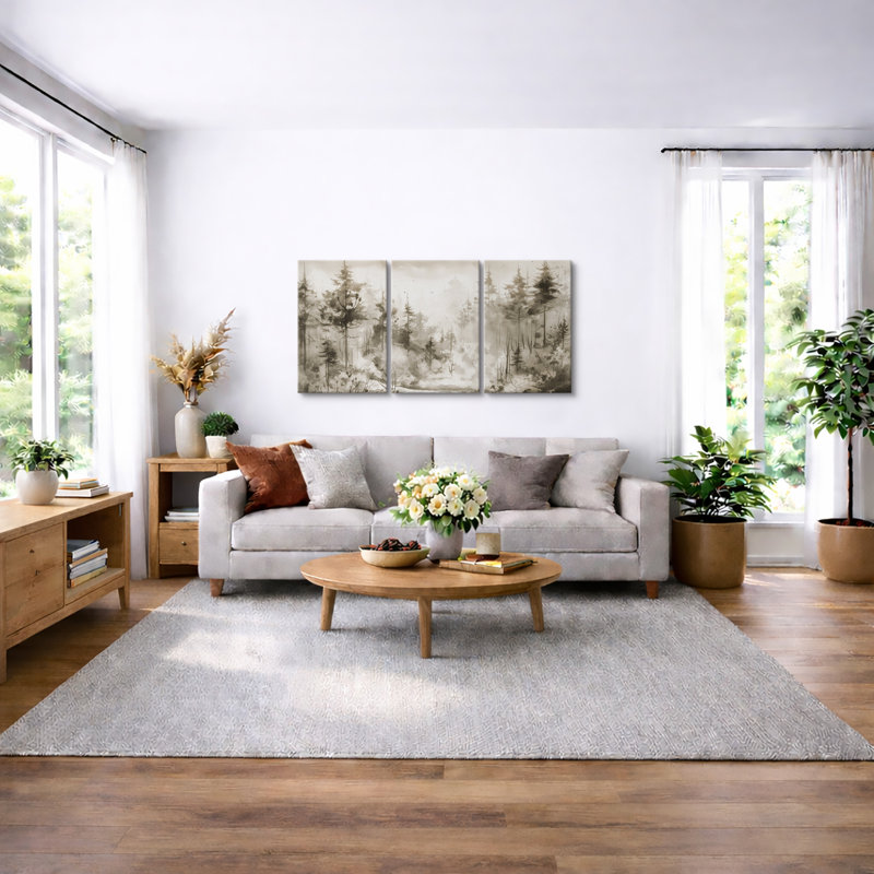 «Misty Forest Landscape in Soft Neutral Tones», reproduction d'art sur toile encadrée, H 36 po x l 72 po, Toile tendue