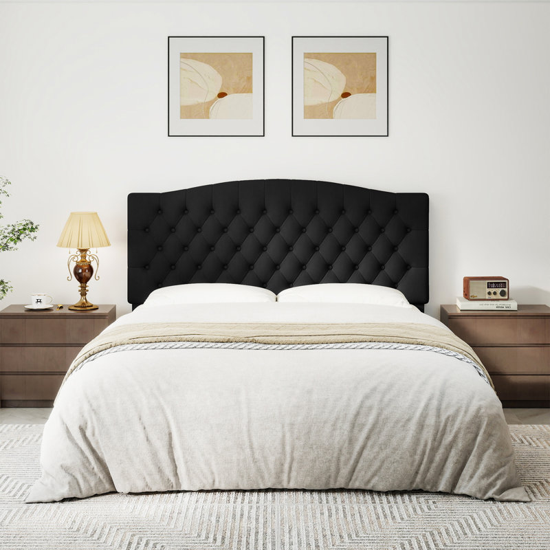 Queen Upholstered Headboard Only, Button Tufted Velvet Headboard, Wall Mountable, Easy Assembly- Black, Black Velvet