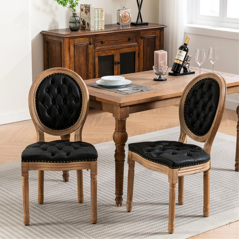 Chaise de salle à manger en cuir noir Pu de 2 personnes, pieds en bois massif, rivets décoratifs, support pour haut dossier, ressort, 2 pièces en cuir artificiel Sw1839bk, structure, boucle tirée à la main, coussin de ressort,