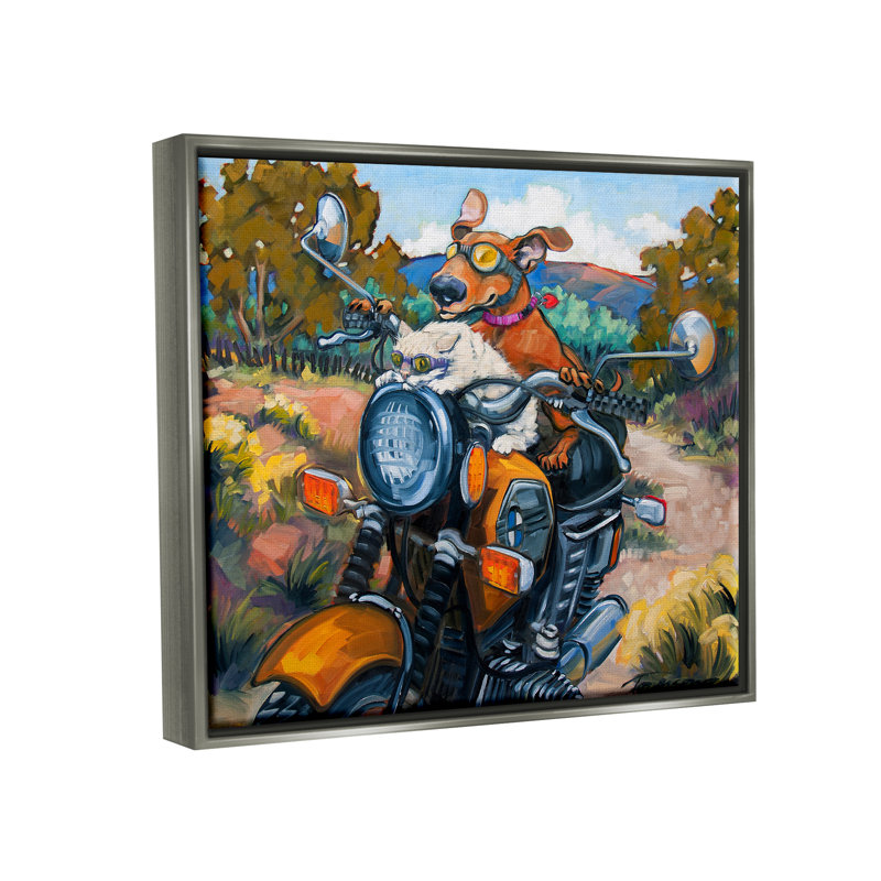 Ax-743-Giclee " Cat & Dog On Motorcycle " by CR Townsend Painting Print, 17" H x 21" W x 1.7" D, Jet Black Floater Frame