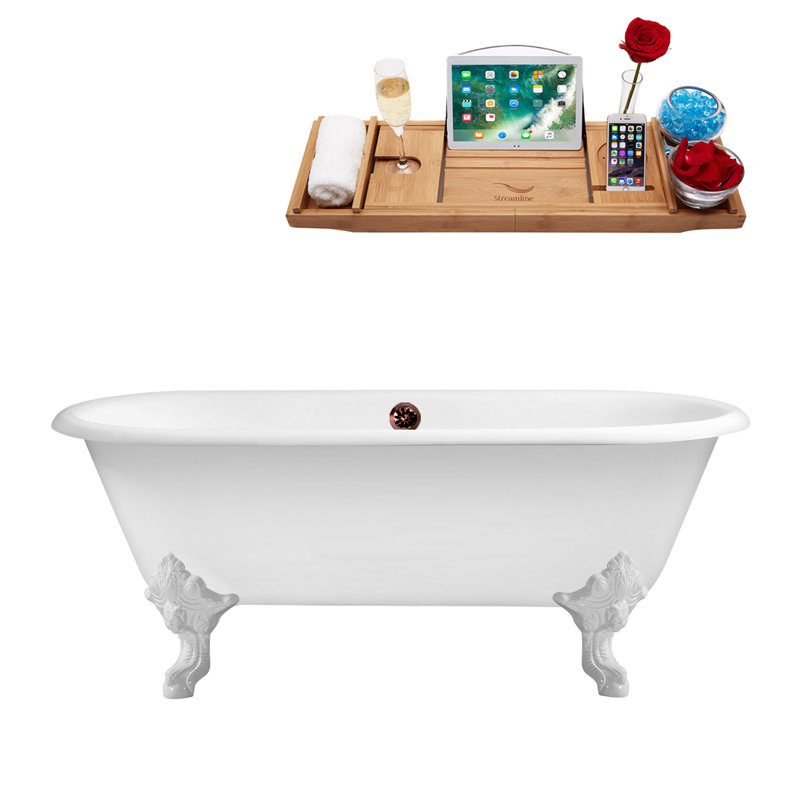 69 po. Baignoire de trempage sur pattes 69 po et plateau en bambou Streamline, Blanc lustré, Bronze huilé mat