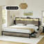 Lit Livia King avec 2 tiroirs sous le lit, lit plateforme moderne avec station de recharge et éclairage DEL, tête de lit avec rangement, 2 tiroirs de chevet et étagères ouvertes, gris-697363590-697363591