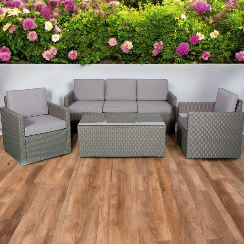 Berlin 3 Seater sofa Set Rattan 5 - Person Seating Group with Cushions, Grey, Grey